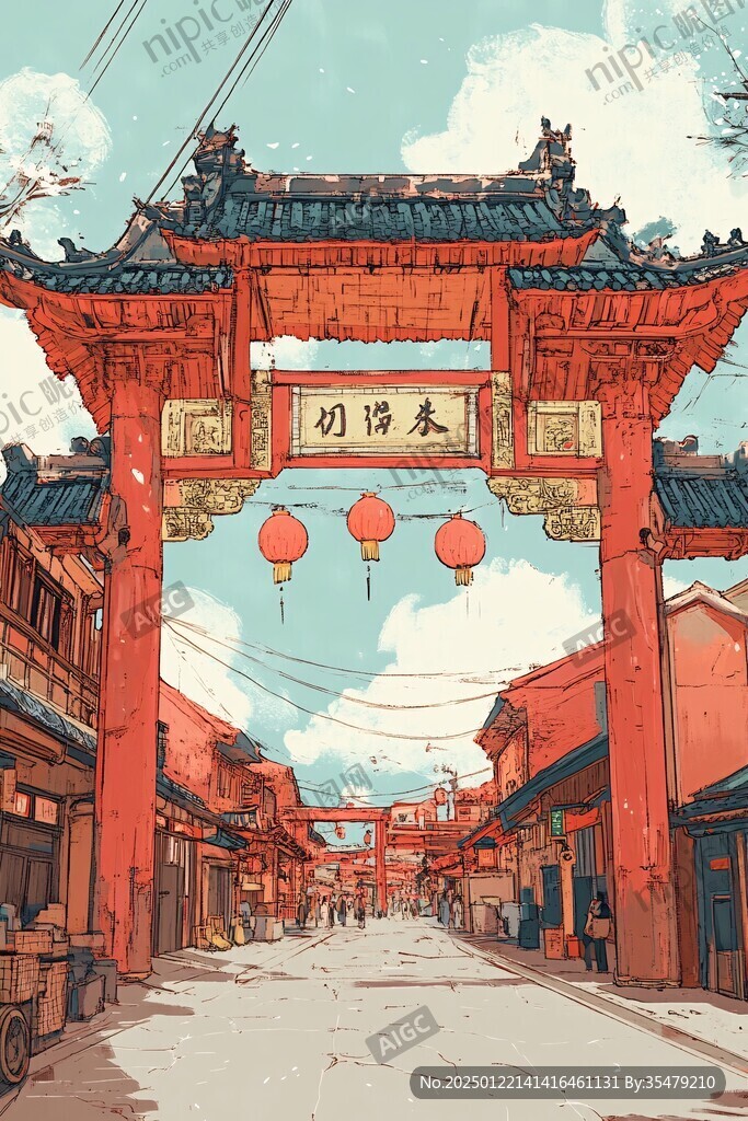 石浦古鎮(zhèn)牌坊插畫