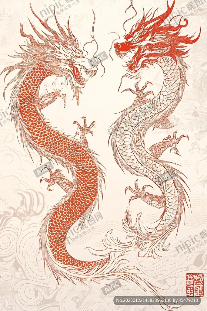 手繪雙龍插畫