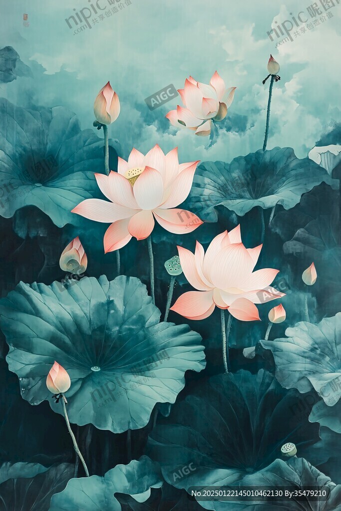 深藍(lán)背景荷花圖