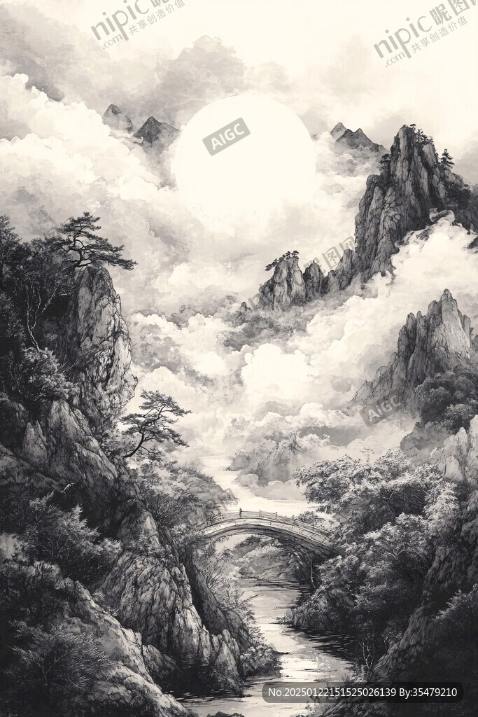 水墨數(shù)字畫工筆山水