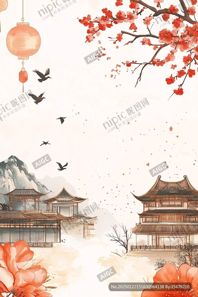 復古花鳥建筑背景