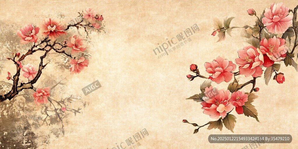 中式工筆桃花壁畫