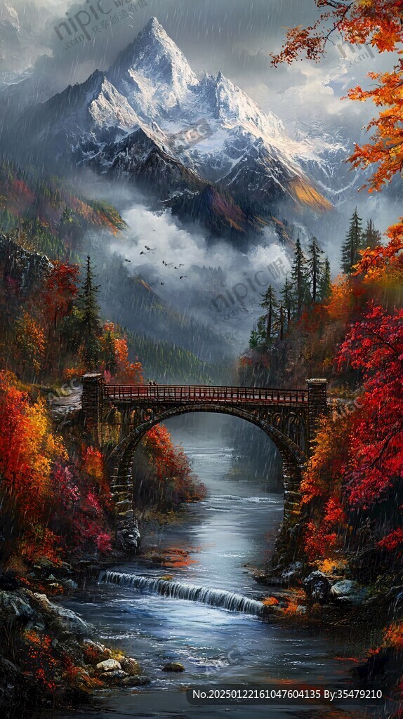 油畫風景油畫大橋
