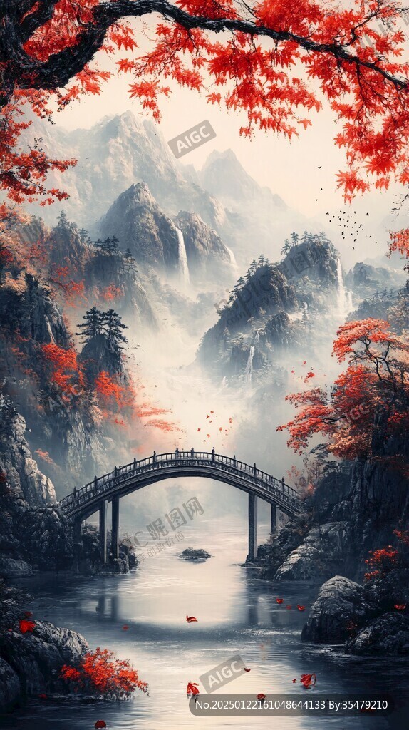 紅葉古風(fēng)山水畫