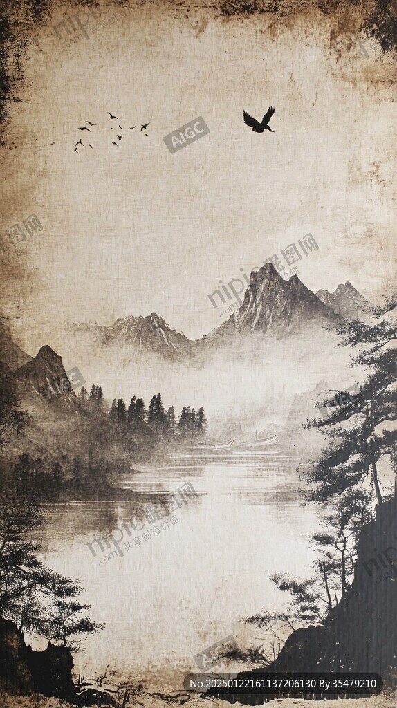 復(fù)古水墨山景