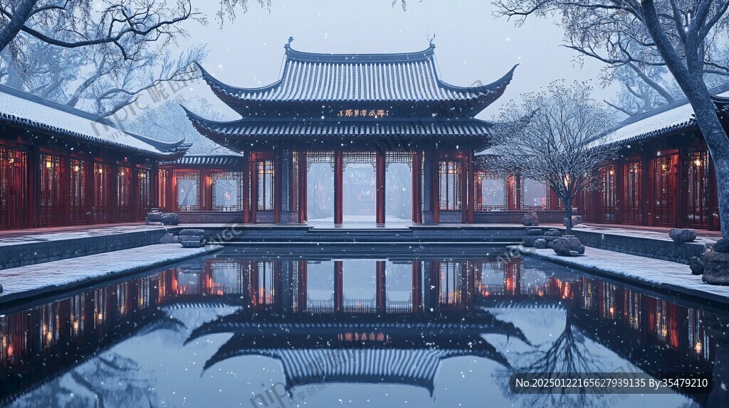 中式古典園林雪景