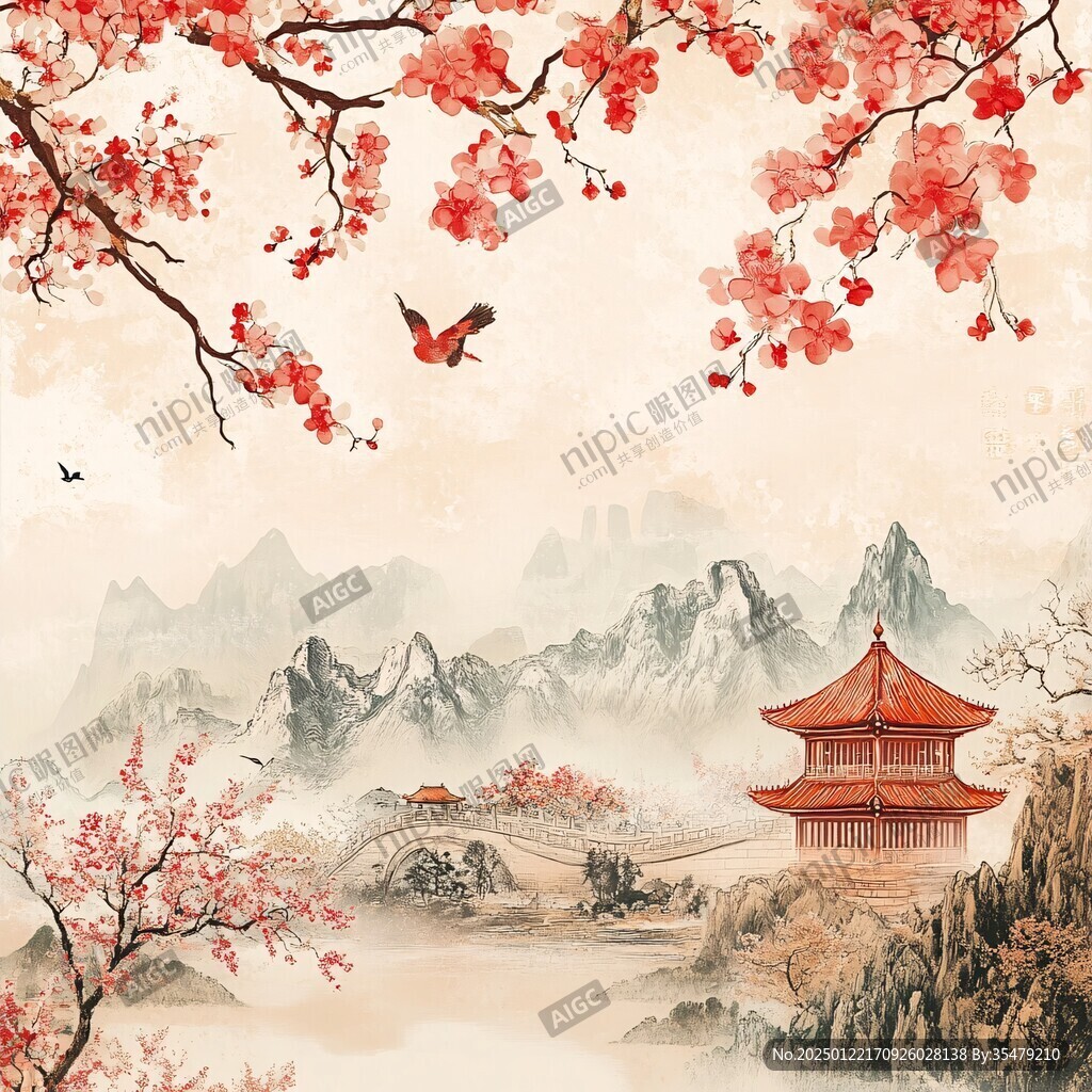 仙鶴樓閣古風(fēng)山水畫