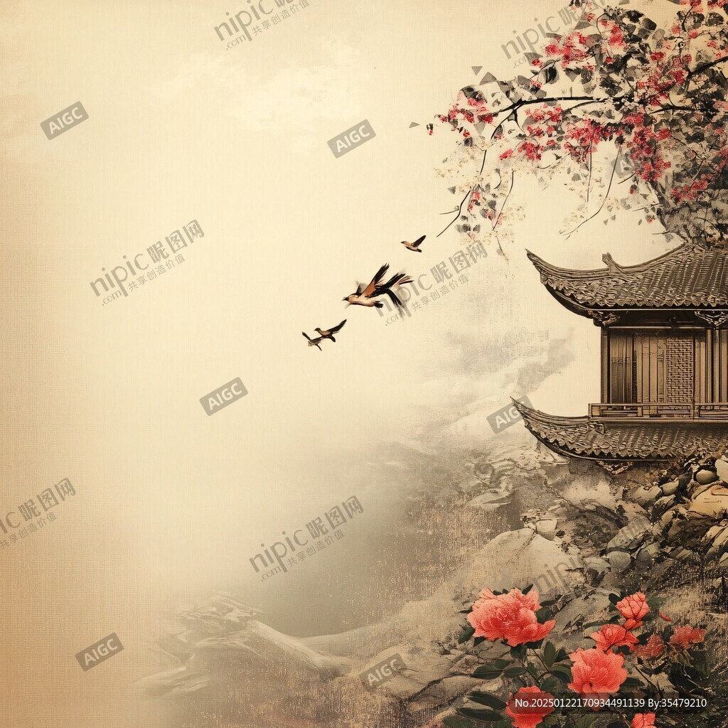 復(fù)古花鳥建筑背景