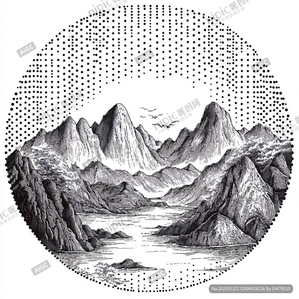 圓形手繪山水