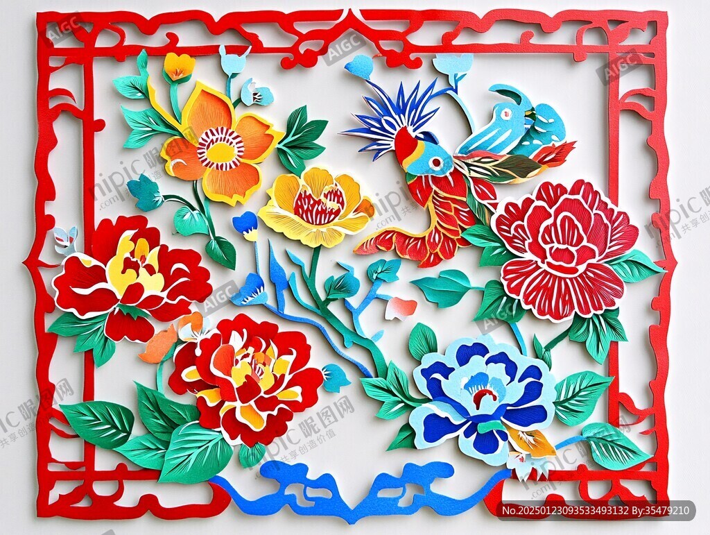 牡丹花鳥精雕圖