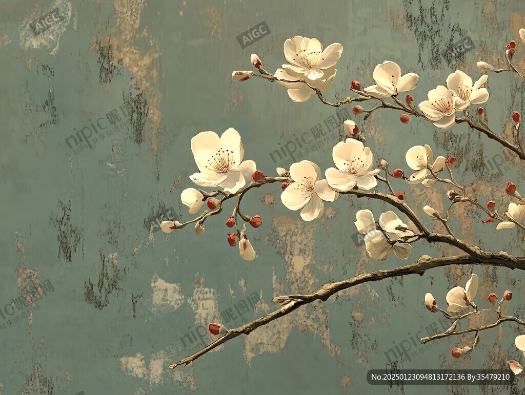 手繪梅花花鳥壁畫