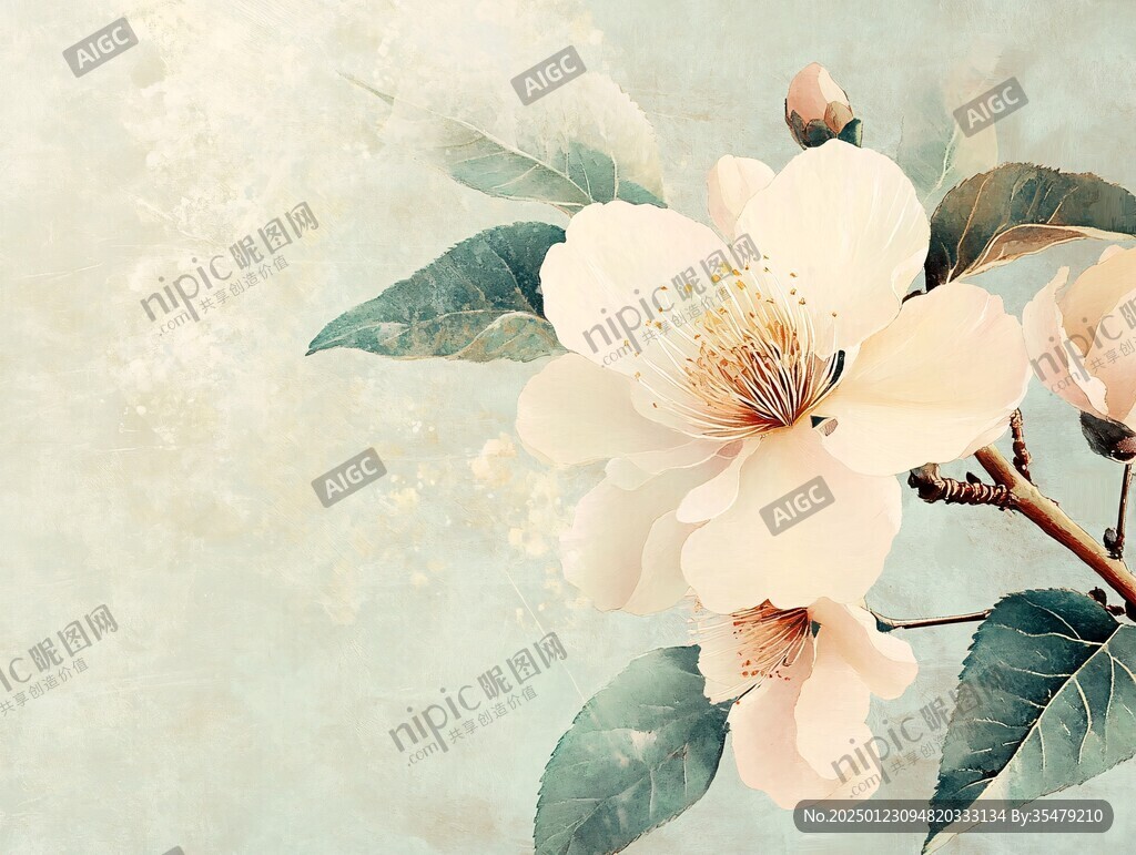 桃花藍色背景