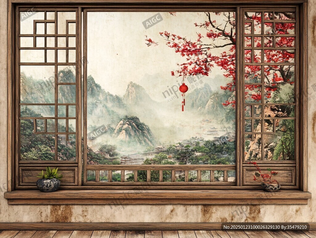 中式窗景插畫