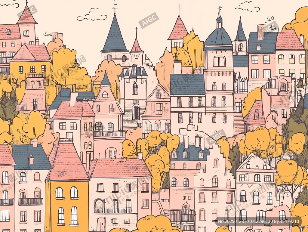 捷克旅游線描建筑插畫(huà)