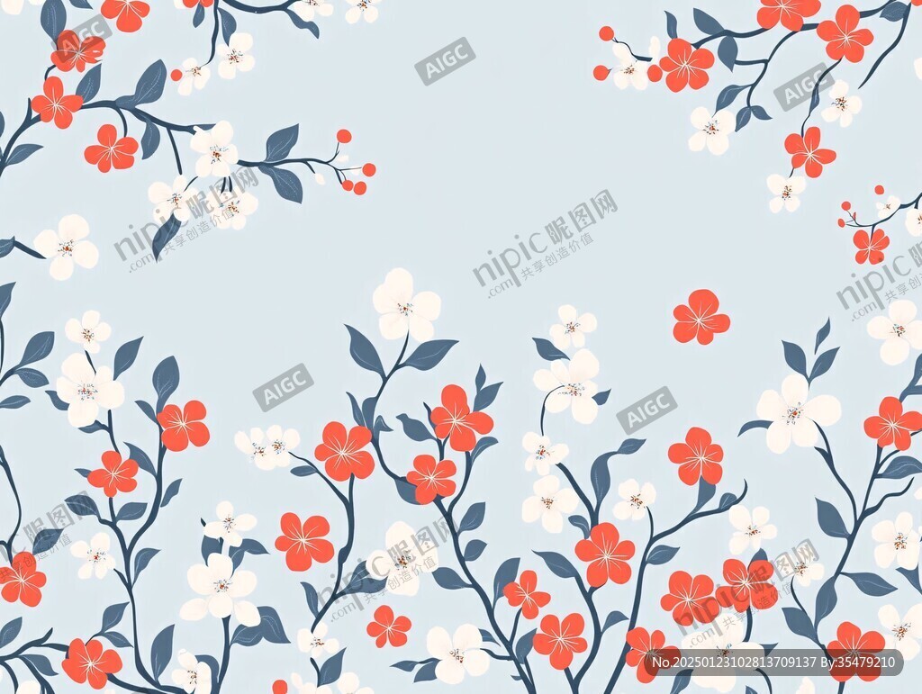 復(fù)古藍底櫻桃花