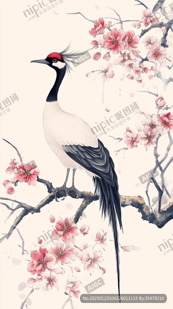 丹頂鶴梅花豎版掛畫