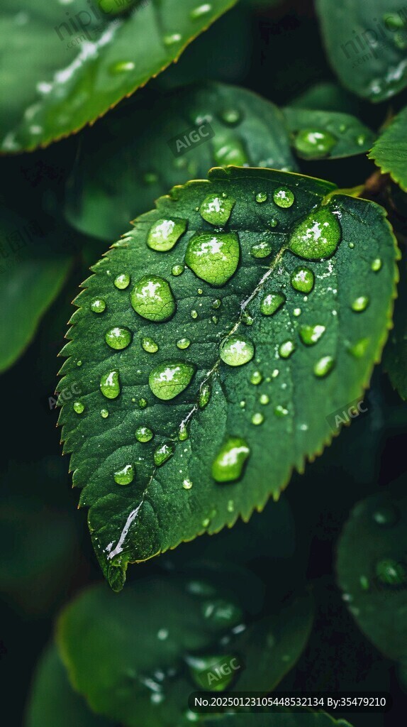 綠葉露珠雨中樹葉