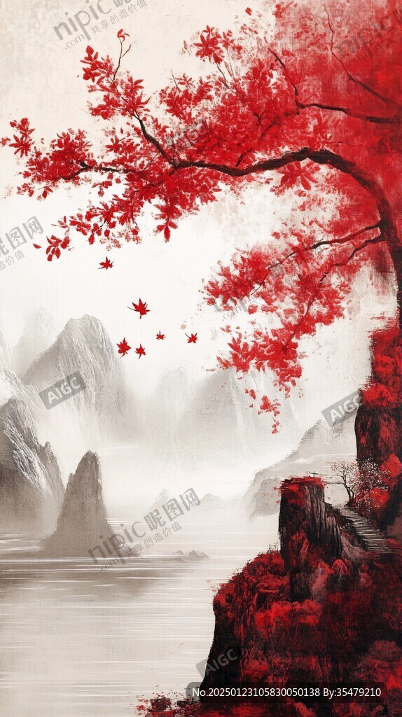 紅葉古風(fēng)山水畫