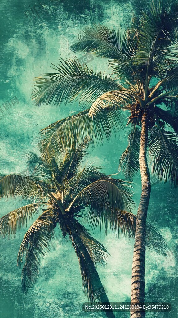 椰林海濱大海樹木