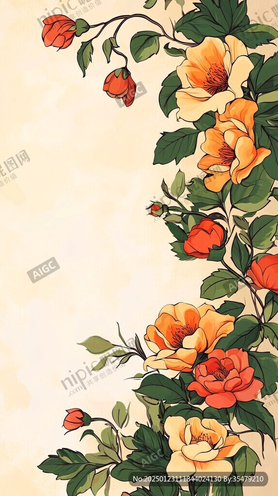 花紋玫瑰花工筆畫