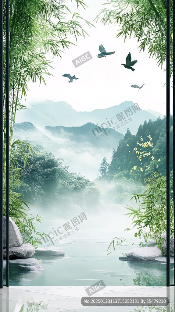 新中式竹林山水裝飾畫(huà)