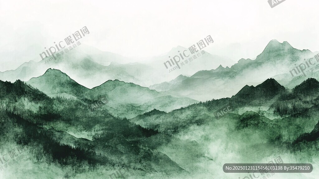 綠色水墨山峰背景