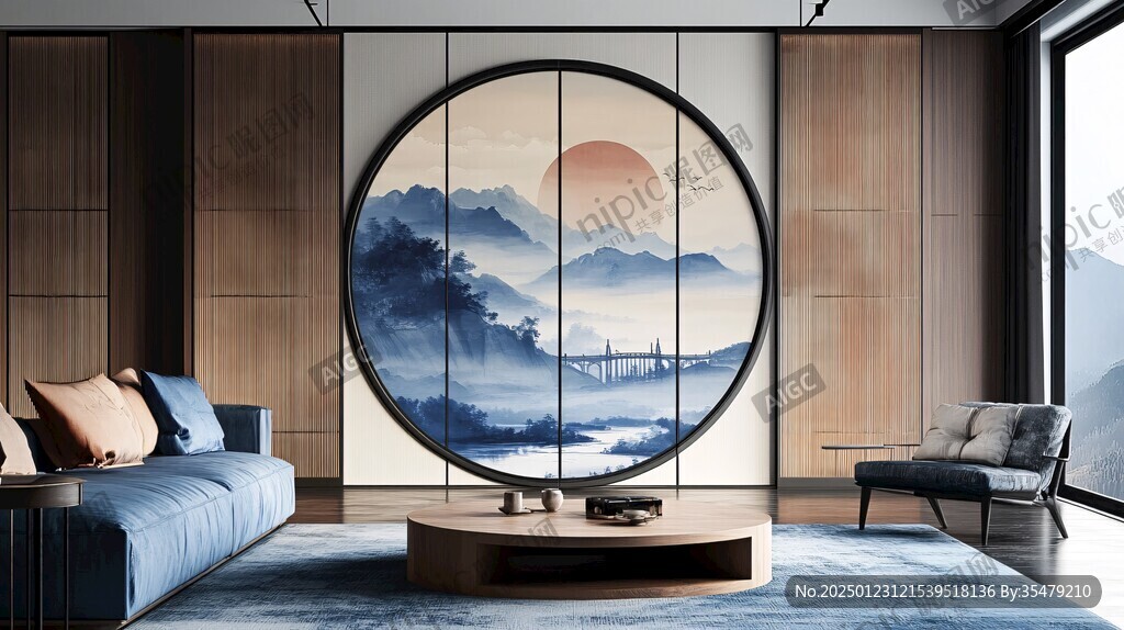 圓山水框畫硬包背景