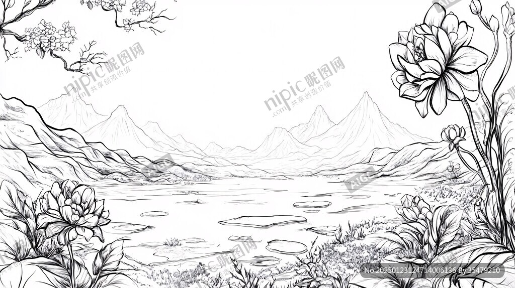 線描古風(fēng)江景山水