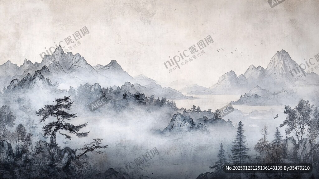 山水風光禪意水彩畫