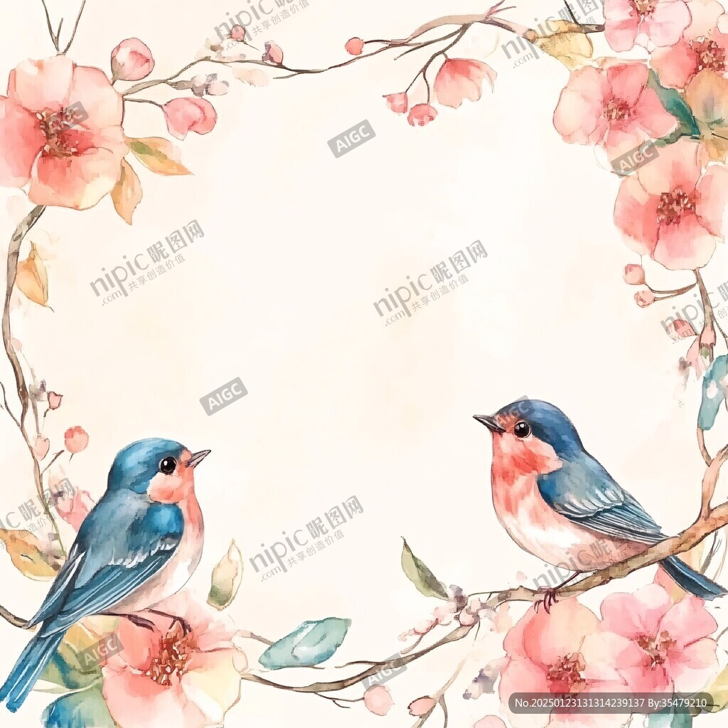 水彩春天插畫鳥語花香