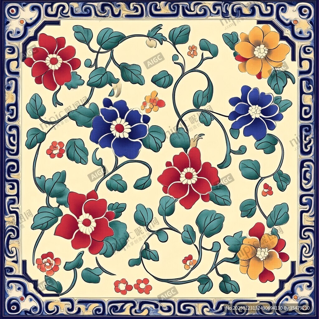 彩色民族風花草花卉