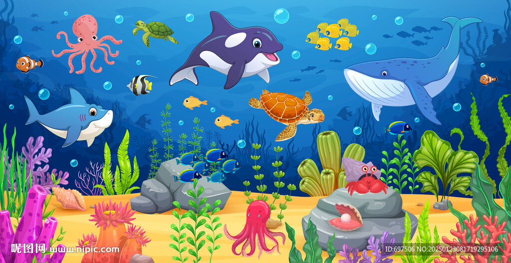 可愛海洋動物卡通海底珊瑚背景墻