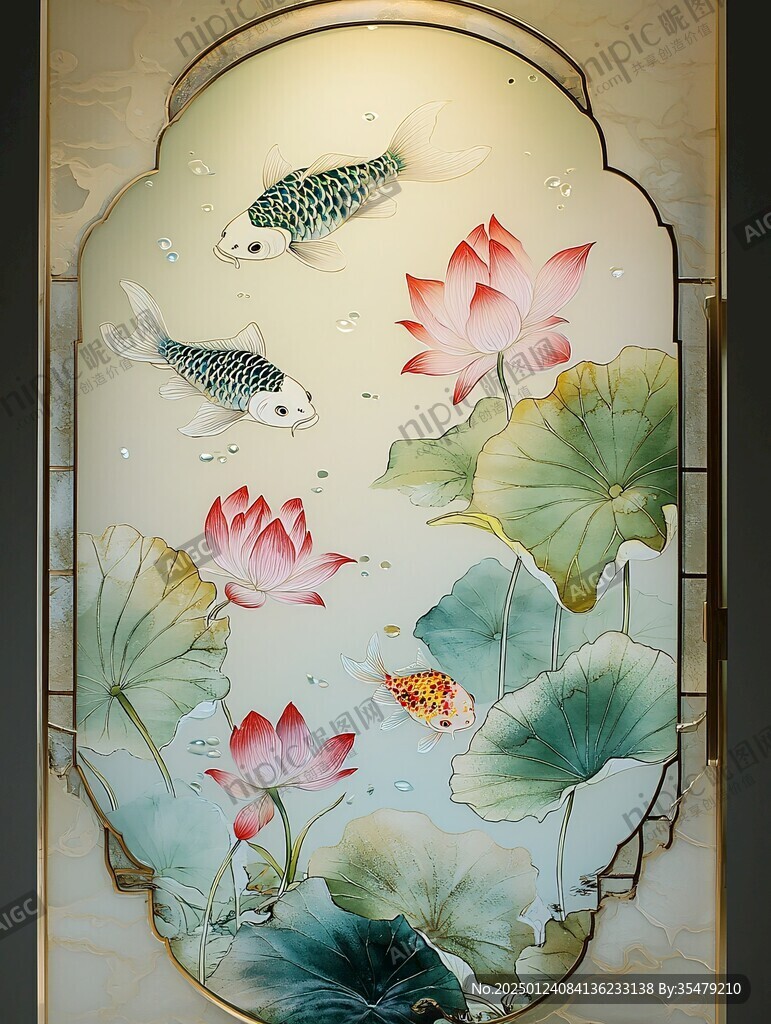 荷花魚屏風
