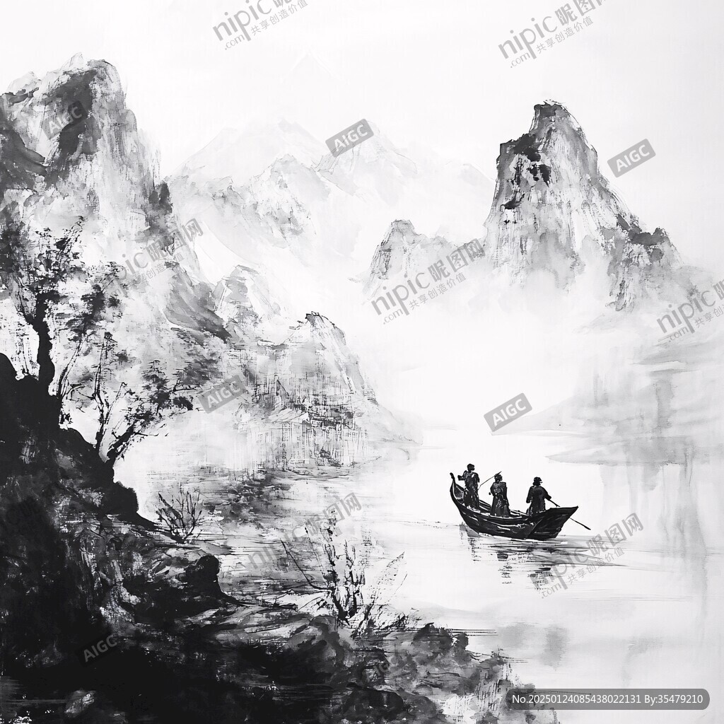 水墨山水船