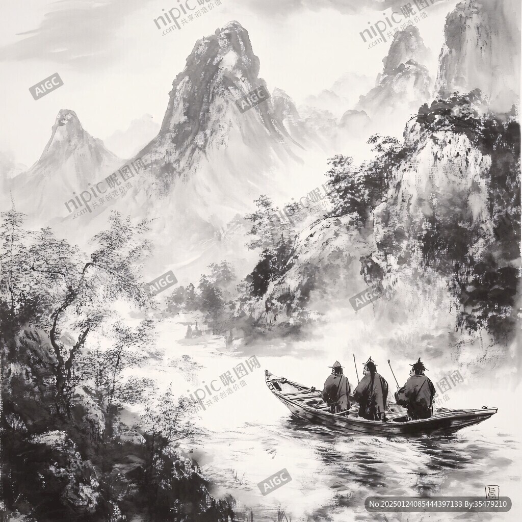 水上船家山水畫