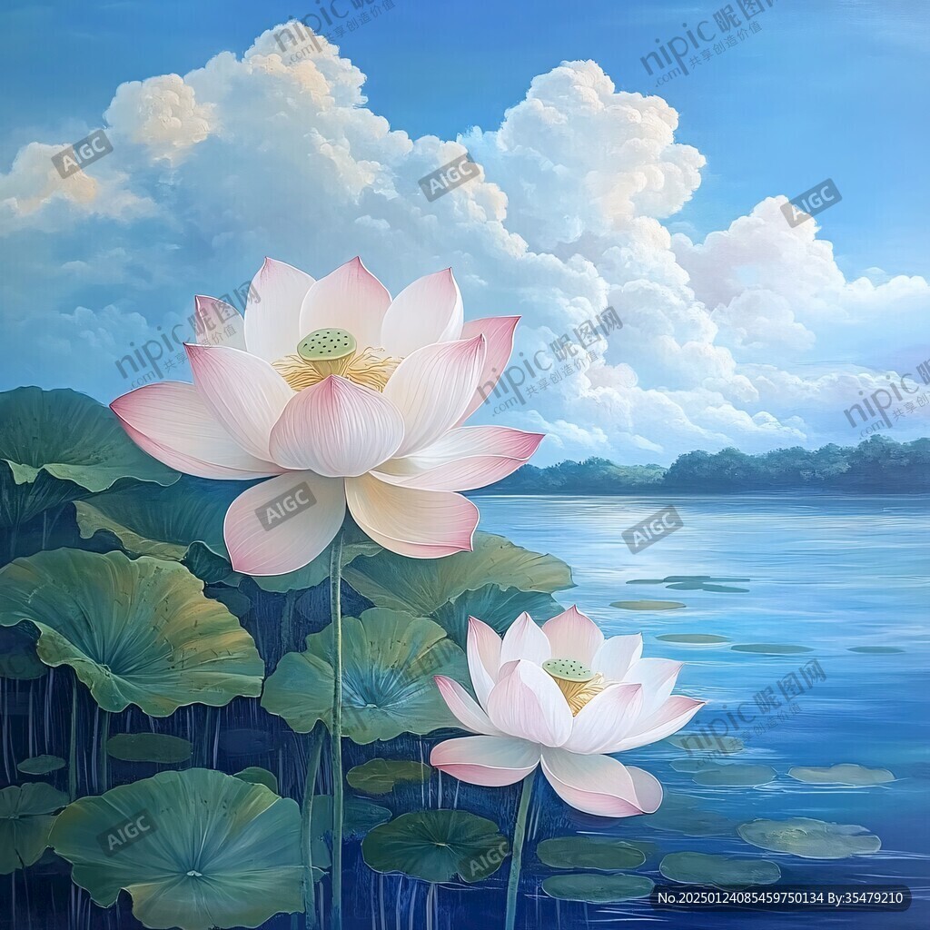 荷花油畫效果