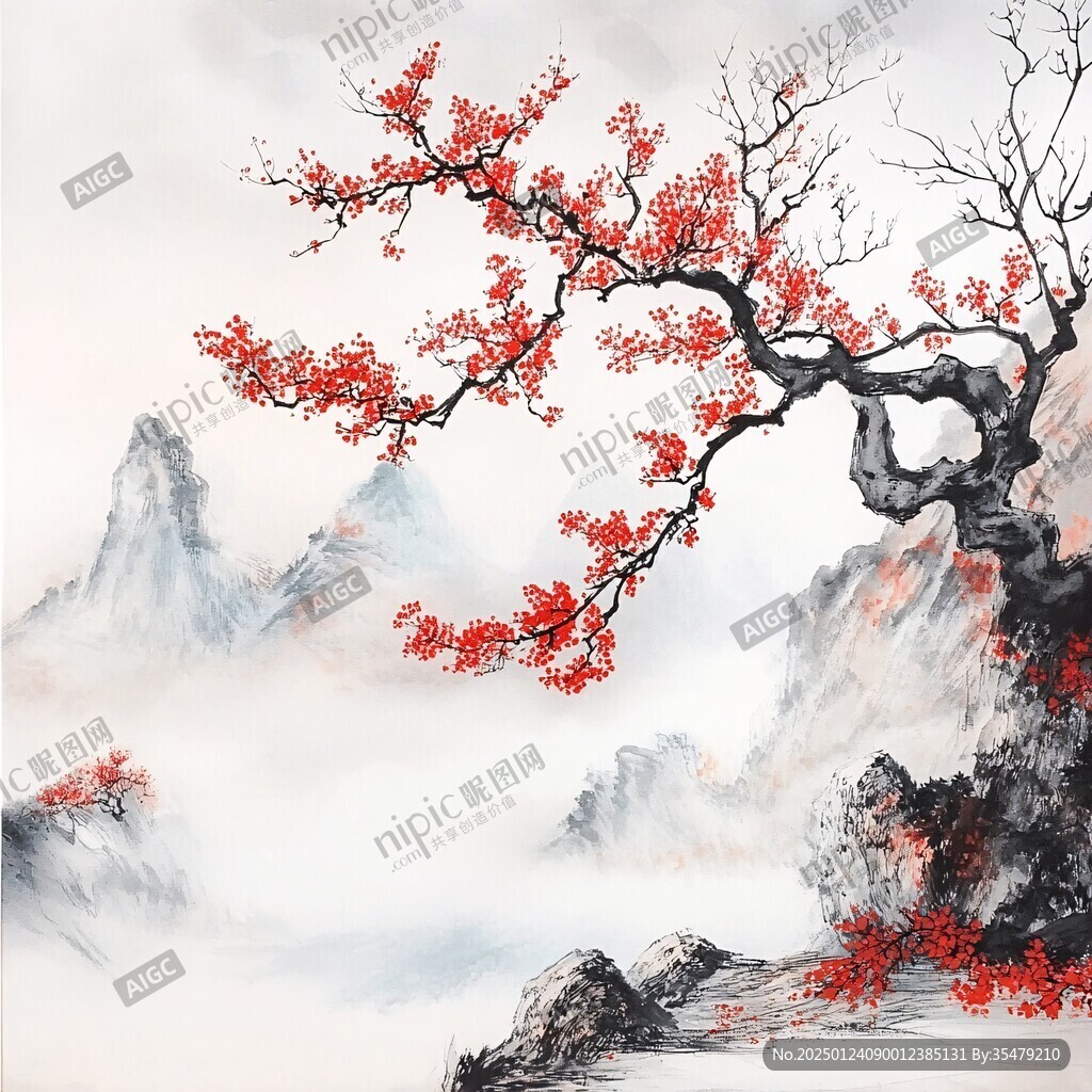 紅葉古風山水畫