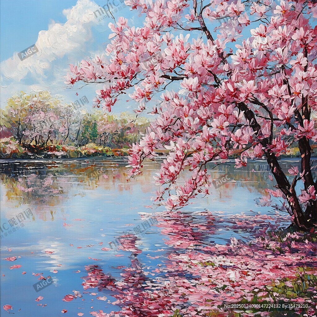 桃花風景油畫