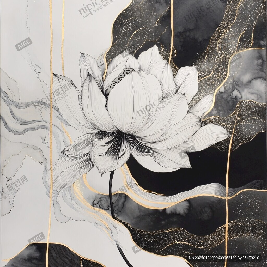 荷花線描金輕奢
