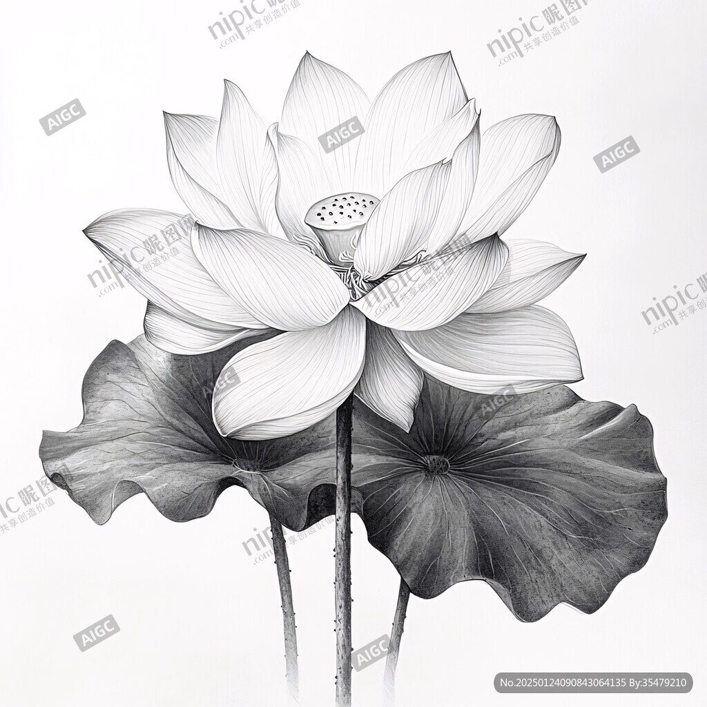 荷花手繪黑白