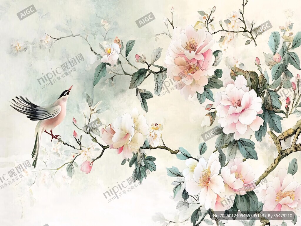 水彩牡丹手繪花鳥(niǎo)壁畫(huà)