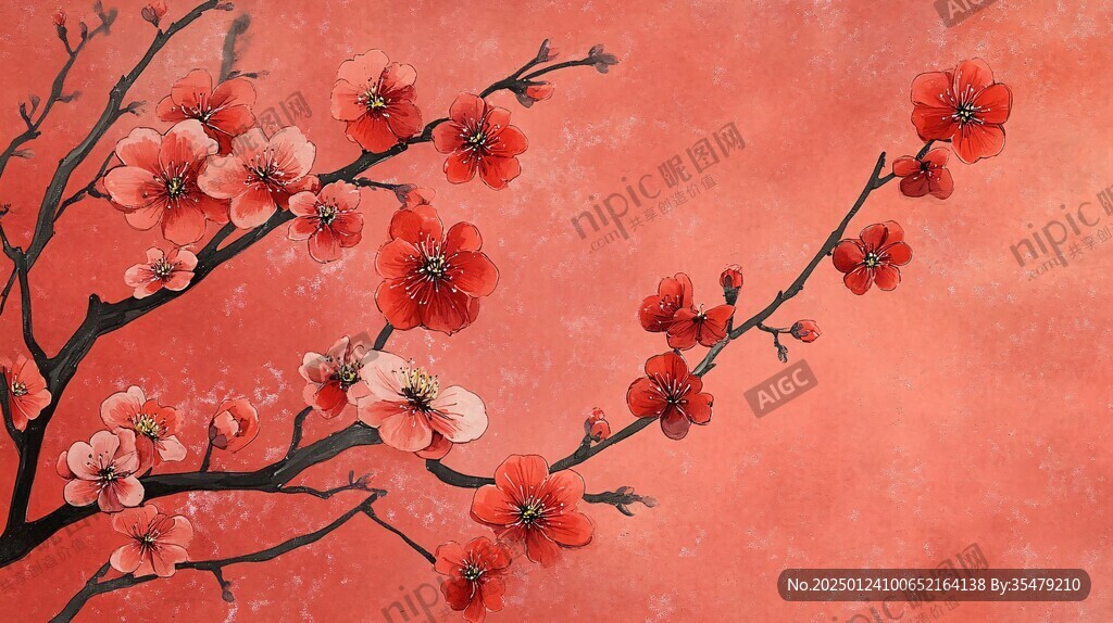工筆手繪紅墻梅花
