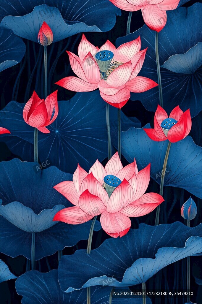 深藍背景荷花圖
