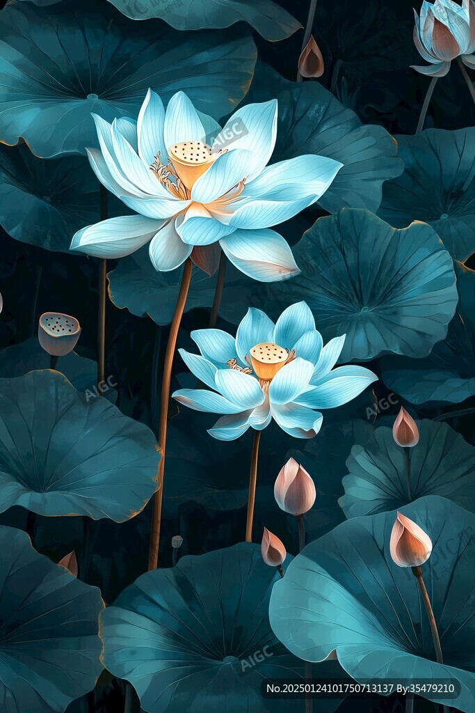 深藍背景荷花圖