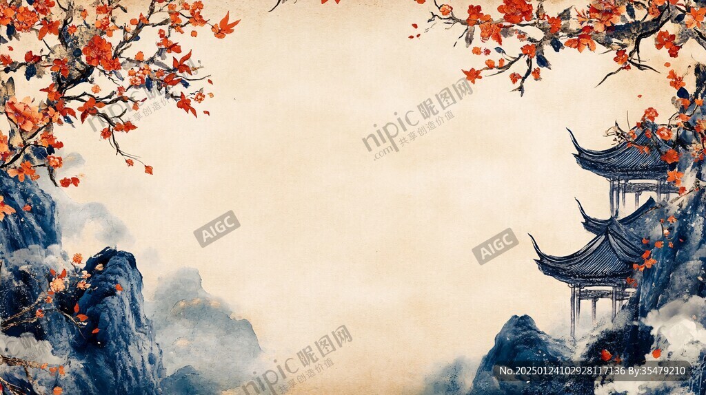 紅葉古風山水畫