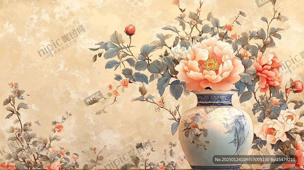 手繪牡丹花鳥(niǎo)壁畫(huà)