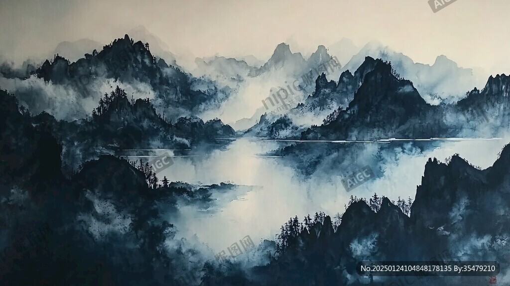 大幅藍色經典水墨畫