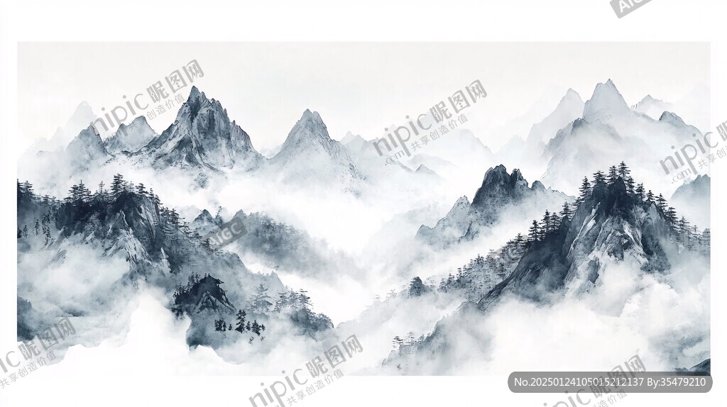 手繪藍色山水畫