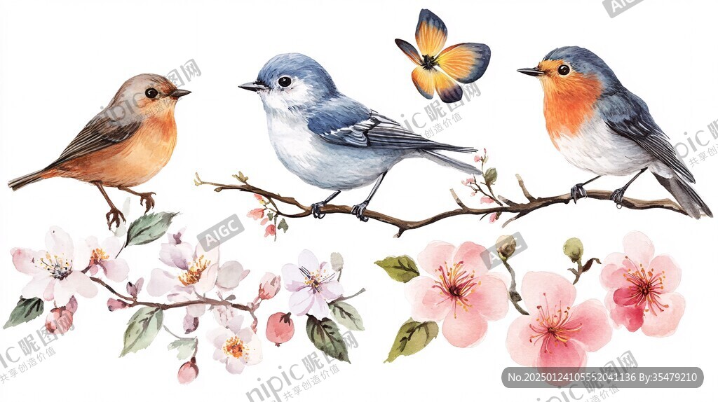 水彩春天插畫鳥語花香