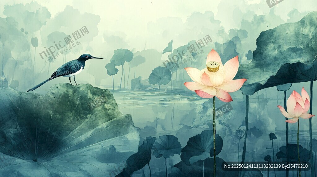 意境荷花花鳥